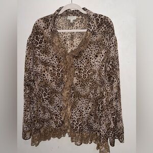 Vintage Woman's  Plus Size Animal Print Lace Frill Button Top